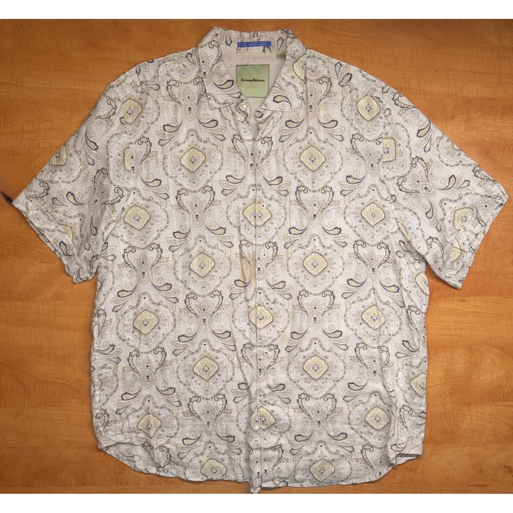 Tommy Bahama Mens XL 100% Linen Paisley Short Sleeve Button Down Shirt Beige